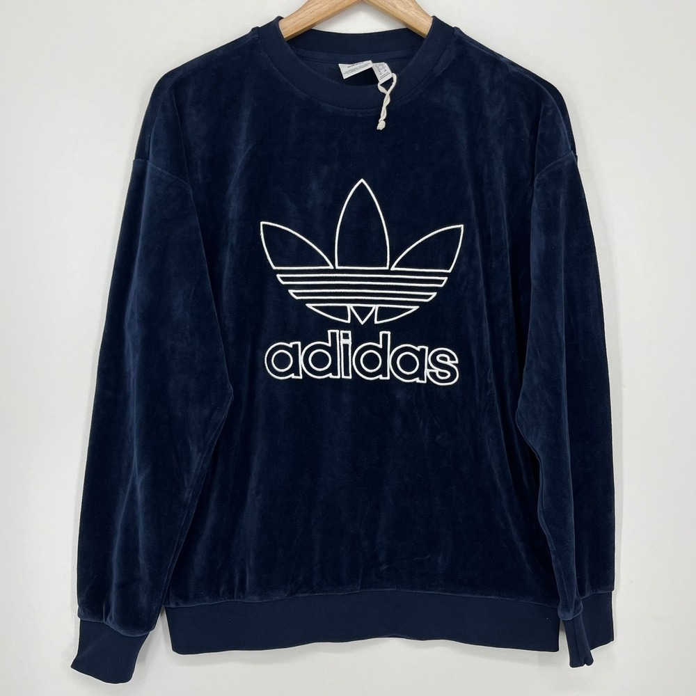 Adidas Originals Women Navy Blue Velour Trefoil‎ Logo Crewneck Sweatshirt XS
